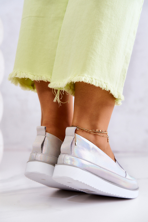 Damskie Skórzane Tenisówki Slip-On S.Barski Holograficzne Srebrne