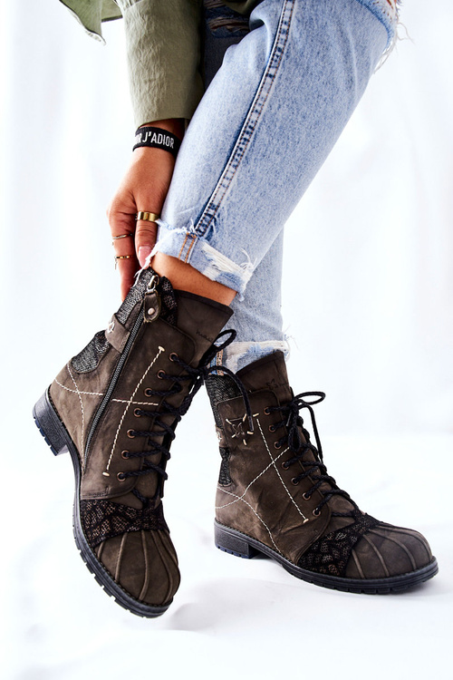 Botki Damskie Skórzane Ocieplane Maciejka Oliwkowe 03961-24