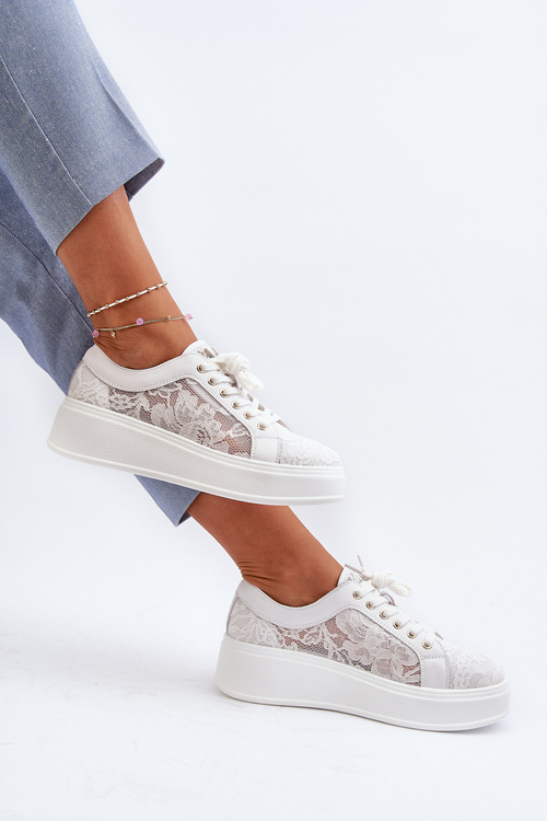 Koronkowe Sneakersy Damskie Na Platformie S.Barski HY51-059 Białe