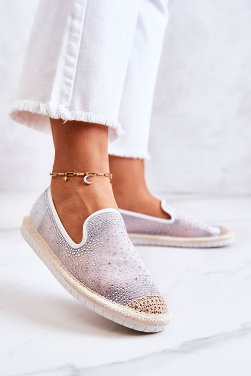 Damskie Materiałowe Espadryle Z Cyrkoniami Szare Deimos