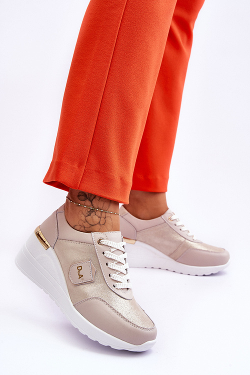 Damskie Skórzane Sneakersy Na Koturnie Złote Beatris