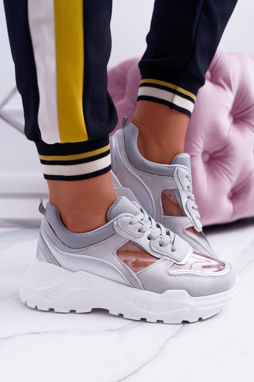 Sportowe Damskie Buty Gruba Podeszwa Transparentne Szare Running