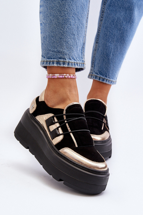 Zazoo 1833 Sneakersy Damskie Skórzane Na Masywnej Podeszwie Czarne