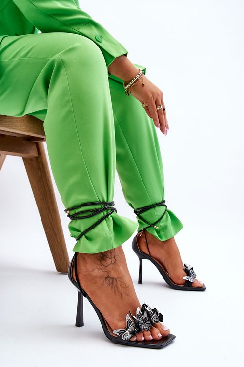 Wiązane Sandałki Na Szpilce Z Motylami Czarne Delmar