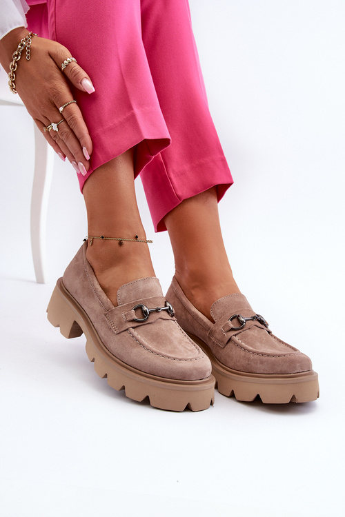 Masywne Mokasyny Damskie Zamszowe Beżowe Neloria