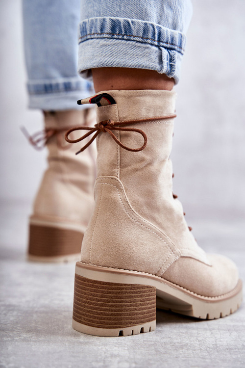 Damskie Ocieplane Botki Trapery Na Obcasie Beżowe Julieta
