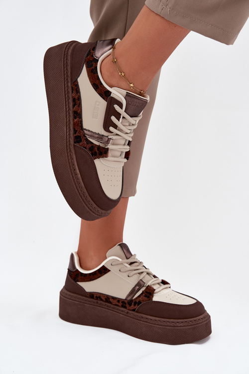 Damskie Sneakersy Na Platformie Big Star SS274356 Panterka Brązowo-Beżowe