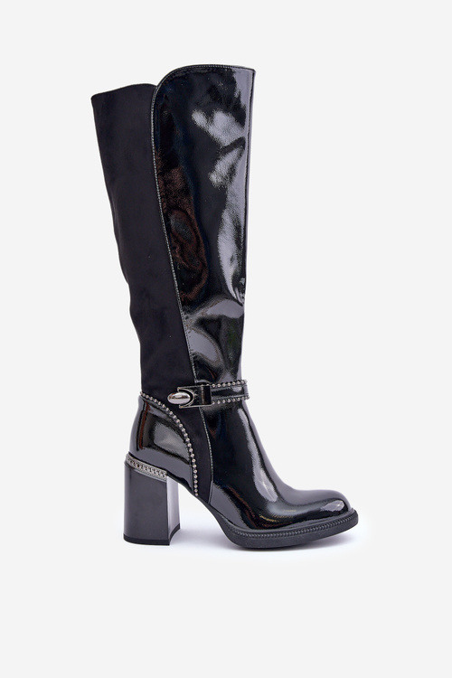 Zdobione Lakierowane Kozaki Damskie Na Słupku D&A MR880-055 Czarne
