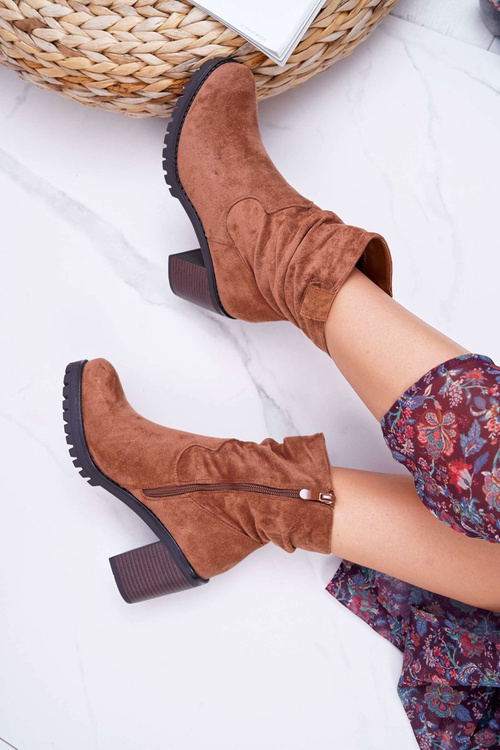 Botki Damskie Na Słupku Zamsz Camel Celma