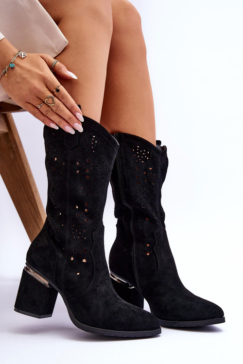 Damskie Zamszowe Ażurowe Kozaki Czarne Adelia