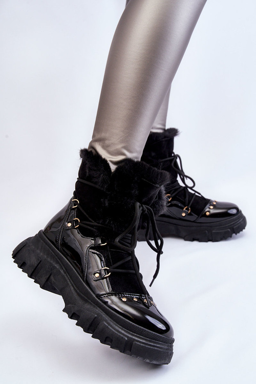 Damskie Botki Z Futerkiem Sznurowane Czarne Merron