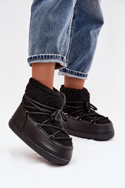 Śniegowce Damskie Z Futerkiem Typu Baranek Wiązane Czarne Belira