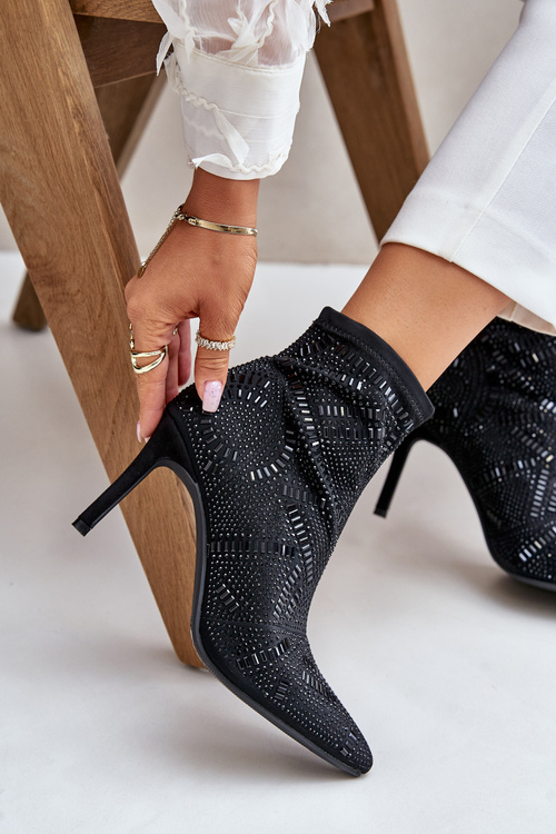 Wsuwane Zdobione Botki Na Szpilce S.Barski HY42-161 Czarne