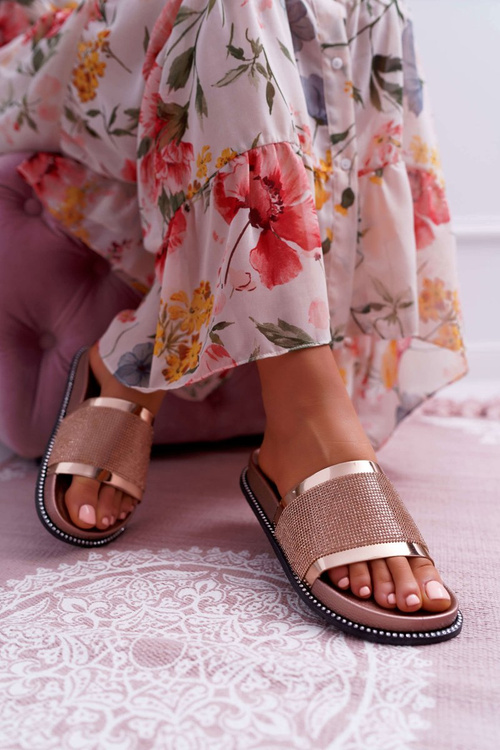 Klapki Damskie Profilowane Z Cyrkoniami Champagne Rentre