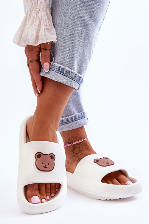 Lekkie Damskie Piankowe Klapki Z Misiem Białe Lia