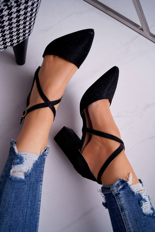 Czółenka Damskie Na Słupku Brokatowe Czarne Perset