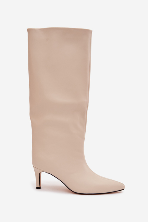 Kozaki Damskie Wsuwane Ocieplane Na Szpilce Jasnobeżowe Olivienne