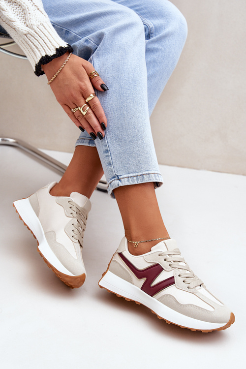 Buty Sportowe Sneakersy Damskie Beżowo-Bordowe Britma