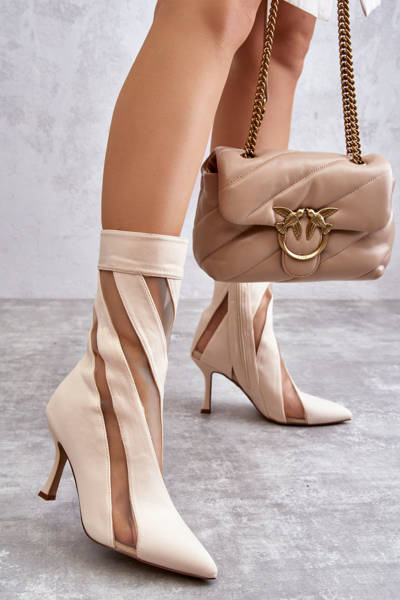 Modne Wysokie Damskie Botki Na Szpilce Beżowe Deyna