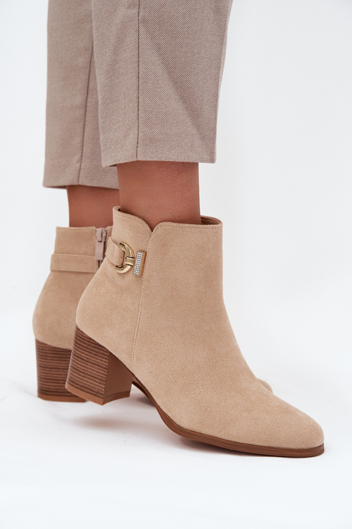 Ocieplane Botki Damskie Na Słupku Ze Złotym Detalem Beżowe Renora