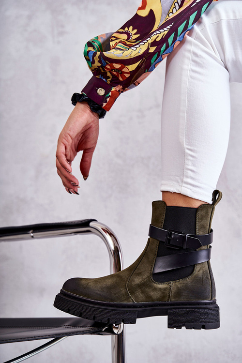 Damskie Ocieplane Botki Sztyblety Z Paskiem Zielone Jose