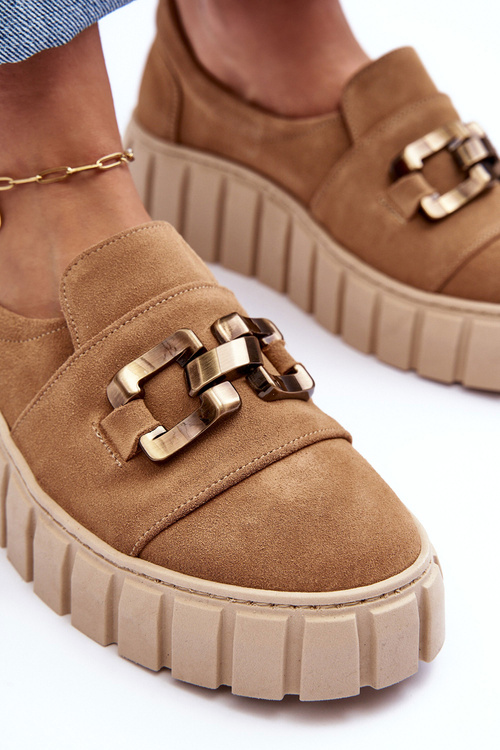 Zamszowe Półbuty Damskie Na Platformie Z Ozdobą Ciemnobeżowe Lewski 3398