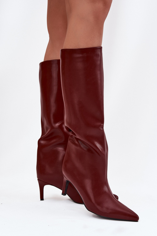 Kozaki Damskie Wsuwane Ocieplane Na Szpilce Bordowe Olivienne