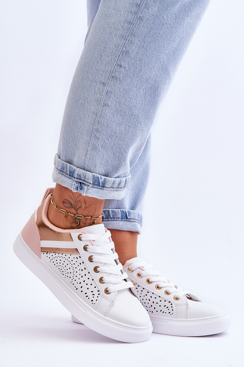 Klasyczne Sportowe Buty Z Ażurowym Wzorem Biało-Różowo-Złote Happier