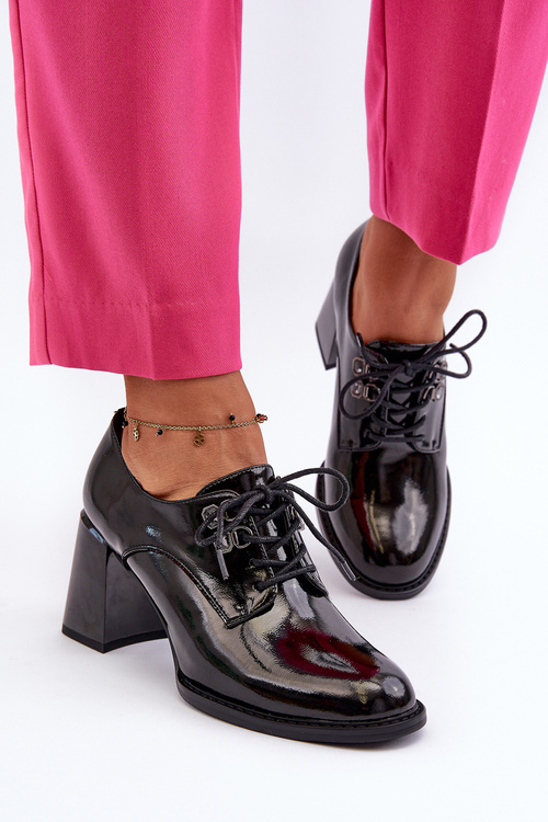 Półbuty Damskie Lakierowane Na Słupku Czarne Nelione