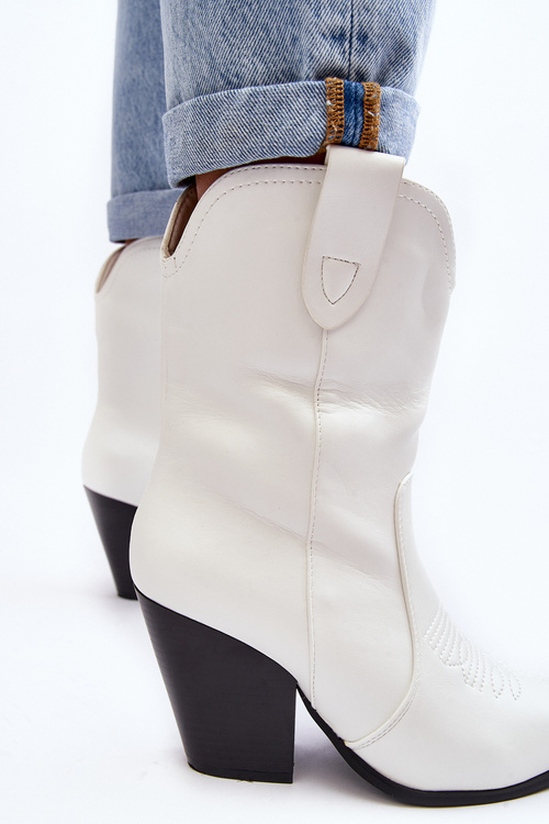 Damskie Botki Kowbojki Na Obcasie Białe Melaitia