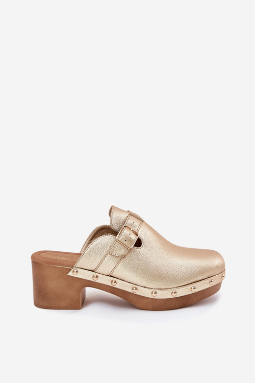 Klapki Chodaki Damskie Na Obcasie Z Klamrą Złote Veldexina