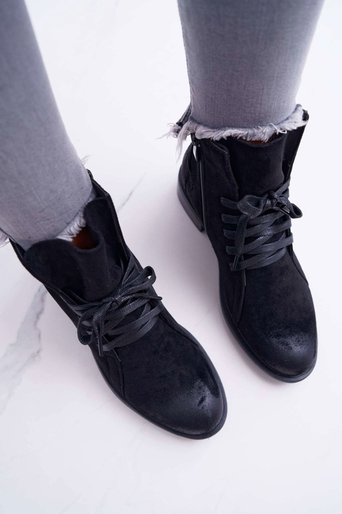 Botki Damskie Płaski Obcas Workery Czarne Teref