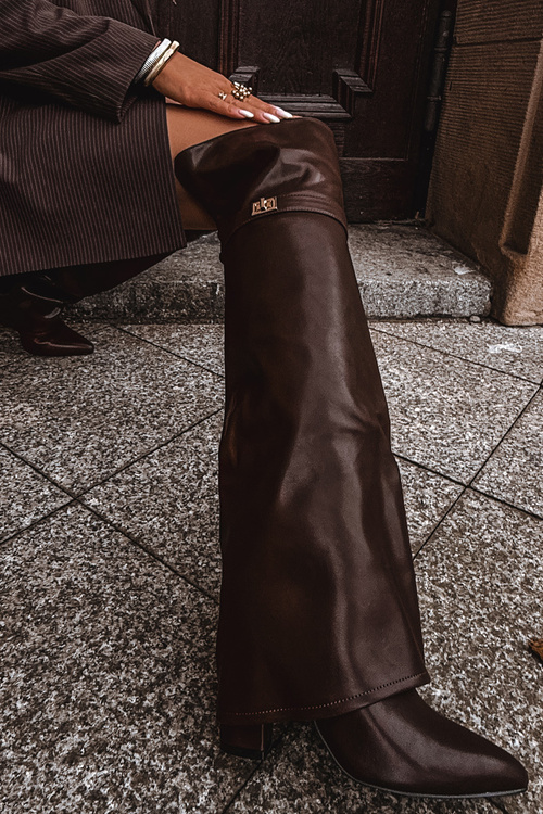 Ocieplane Kozaki Z Wywiniętą Cholewką Za Kolano Obcas Słupek Brązowe Serelle