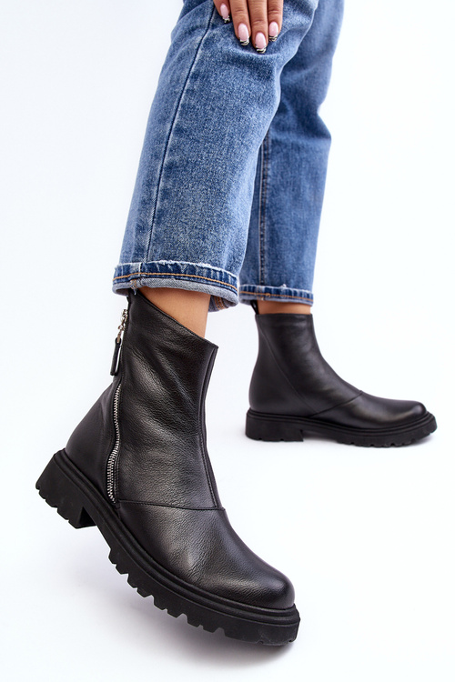 Damskie Skórzane Botki Na Płaskim Obcasie Laura Messi 2620/975 Czarne