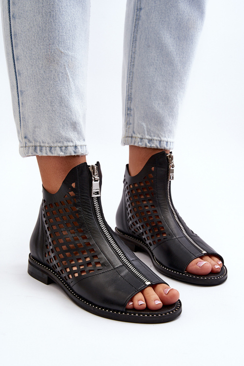 Zazoo 977/L Skórzane Ażurowe Sandały Na Zamek Czarne