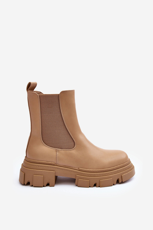 Skórzane Botki Sztyblety Na Płaskim Obcasie i Platformie Beżowe Solita