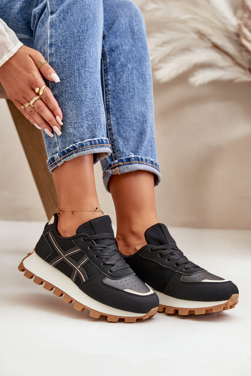 Sneakersy Buty Sportowe Damskie Sznurowane Na Platformie Czarne Mialunae
