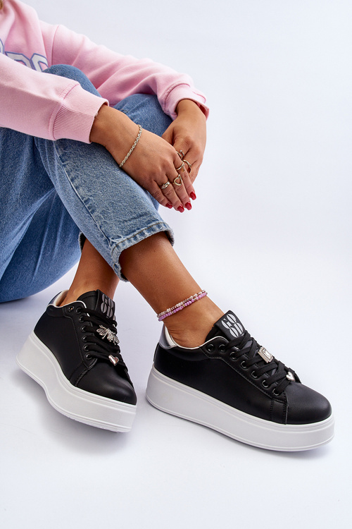 Sneakersy Damskie Na Platformie Z Ozdobami Czarne Herbisa