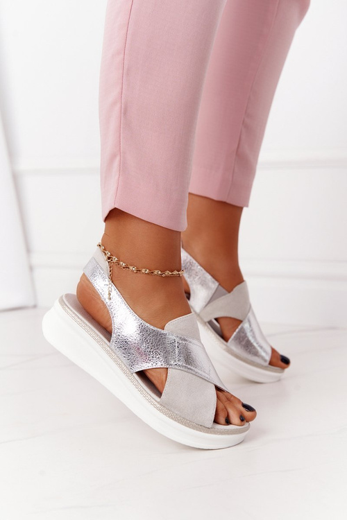 Wsuwane Sandały Na Platformie Sergio Leone SK029 Biało-Srebrne