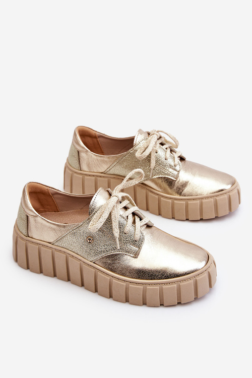 Zazoo 10128 Skórzane Półbuty Na Platformie Złote