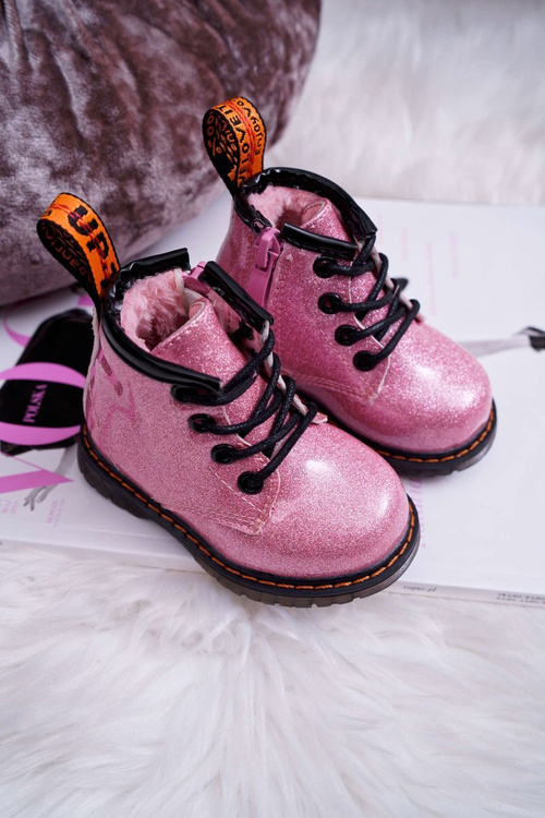 Dziecięce Botki Ocieplane z Suwakiem Lakierowane Brokat Różowe Mistor
