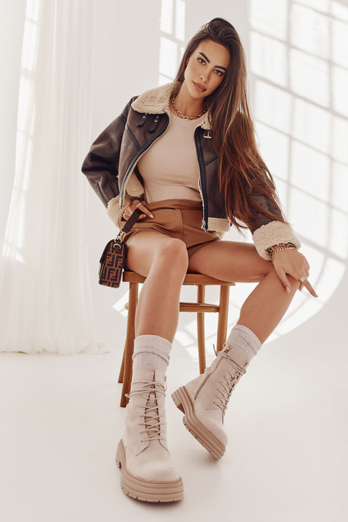 Damskie Zamszowe Botki Wiązane Beżowe Afra