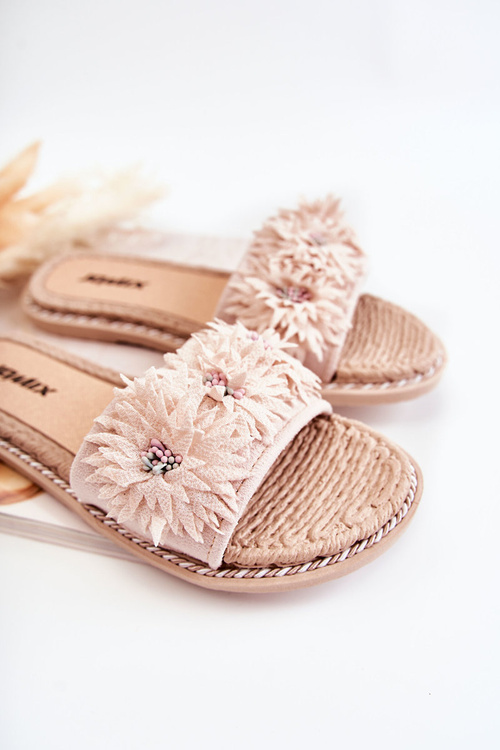 Damskie Klapki Z Materiałowymi Kwiatami Beżowe Susana