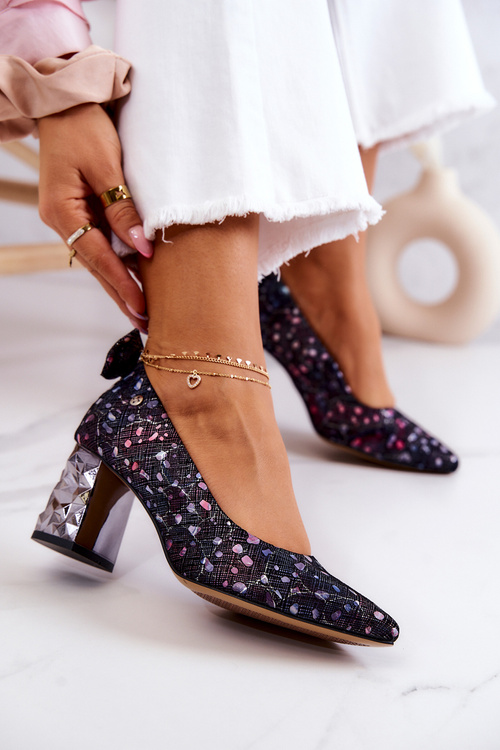 Skórzane Czółenka Na Słupku Maciejka 05334-15 Granatowe