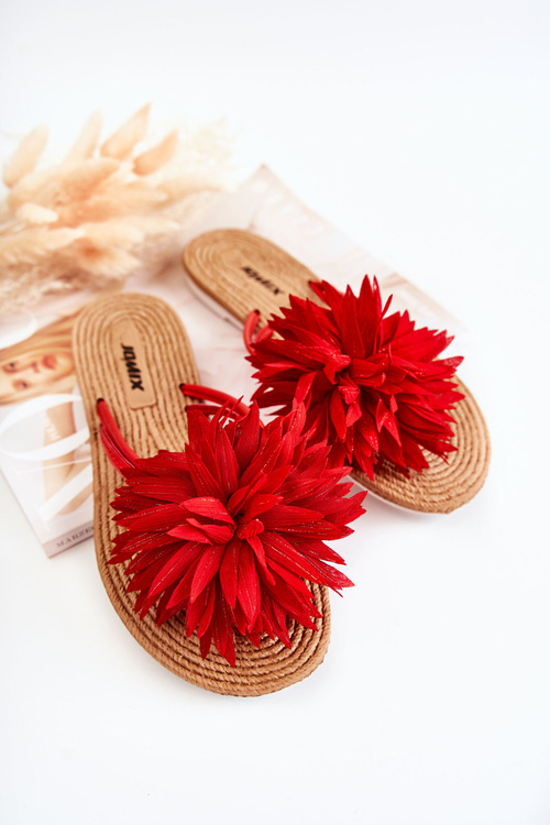 Damskie Klapki Japonki Z Materiałową Ozdobą Czerwone Eviana