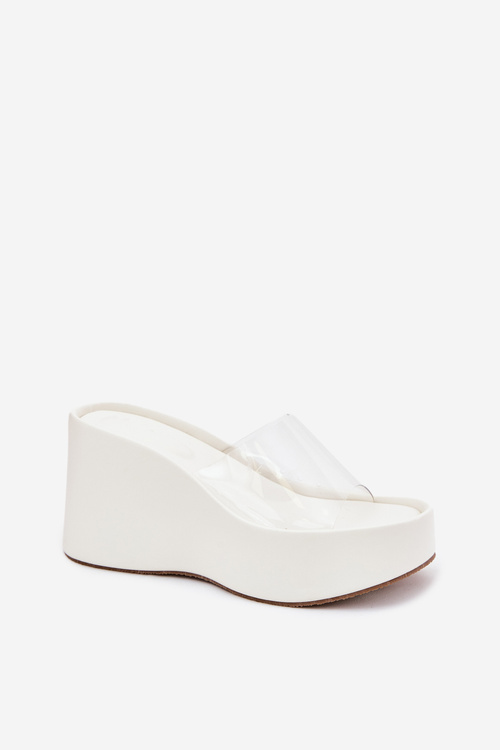 Klapki Damskie Na Koturnie Z Transparentnym Paskiem Białe Zolretia