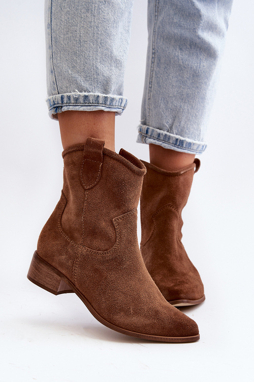 Zazoo 3329 Zamszowe Botki Kowbojki Na Niskim Obcasie Brązowe