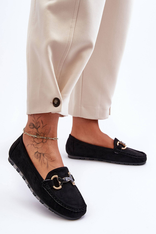 Zamszowe Mokasyny Damskie Z Ozdobą Czarne Dionira