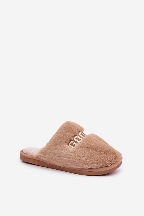 Kapcie Damskie Z Futerkiem I Napisem Brązowe Kalelia