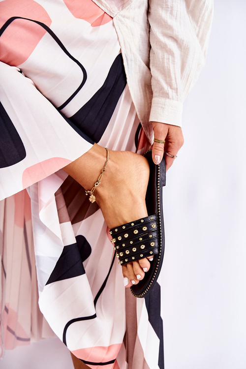 Damskie Skórzane Klapki Z Ozdobą Czarne Brien